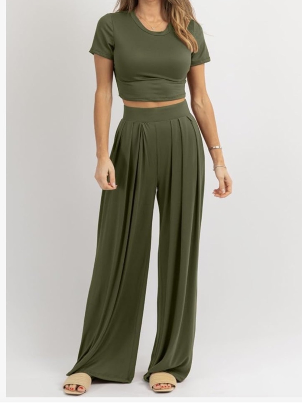High-Waist Black Pleated Wide-Leg Pants two piece set with top